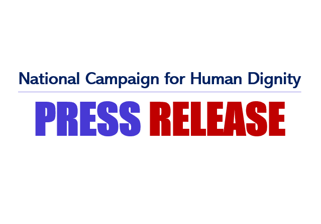 A blue and red logo for the national campaign for human dignity.